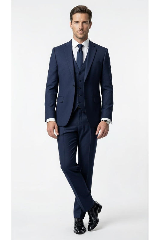 Erkek Klasik Slim Fit Armürlü Kumaş Tek Düğmeli Çift Yırtmaçlı Klasik Yaka Takım Elbise 7 Drop - Lacivert
