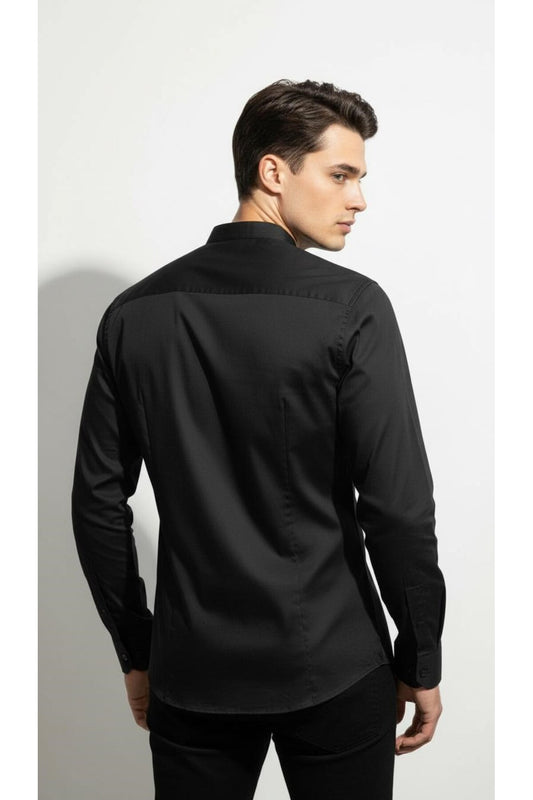 Erkek Hakim Yaka Slim Fit Gömlek – Şık, Modern, Uzun Kollu, Düz Model - Siyah