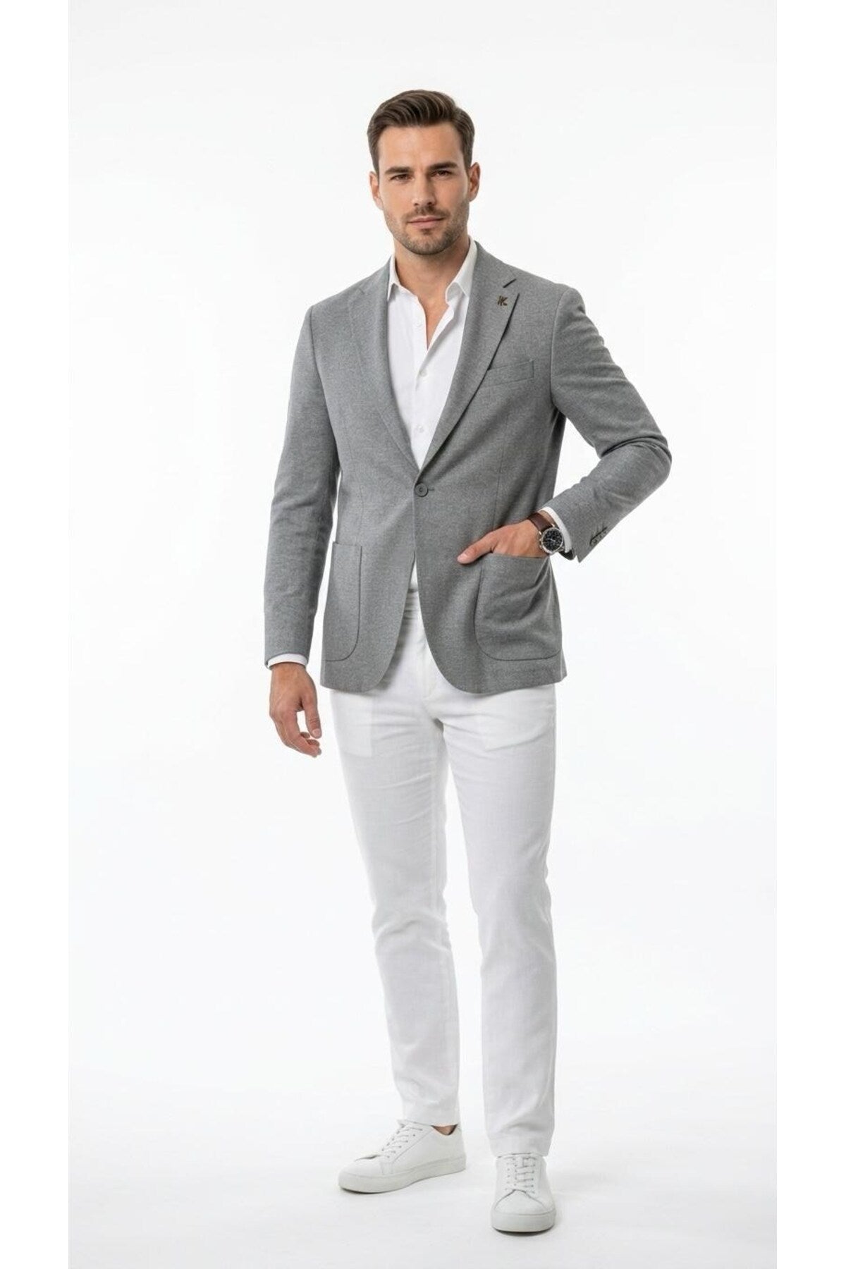 Erkek Slim Fit Blazer Ceket Tek Düğmeli Çift Yırtmaçlı Torba Cepli Yarım Astarlı - Gri