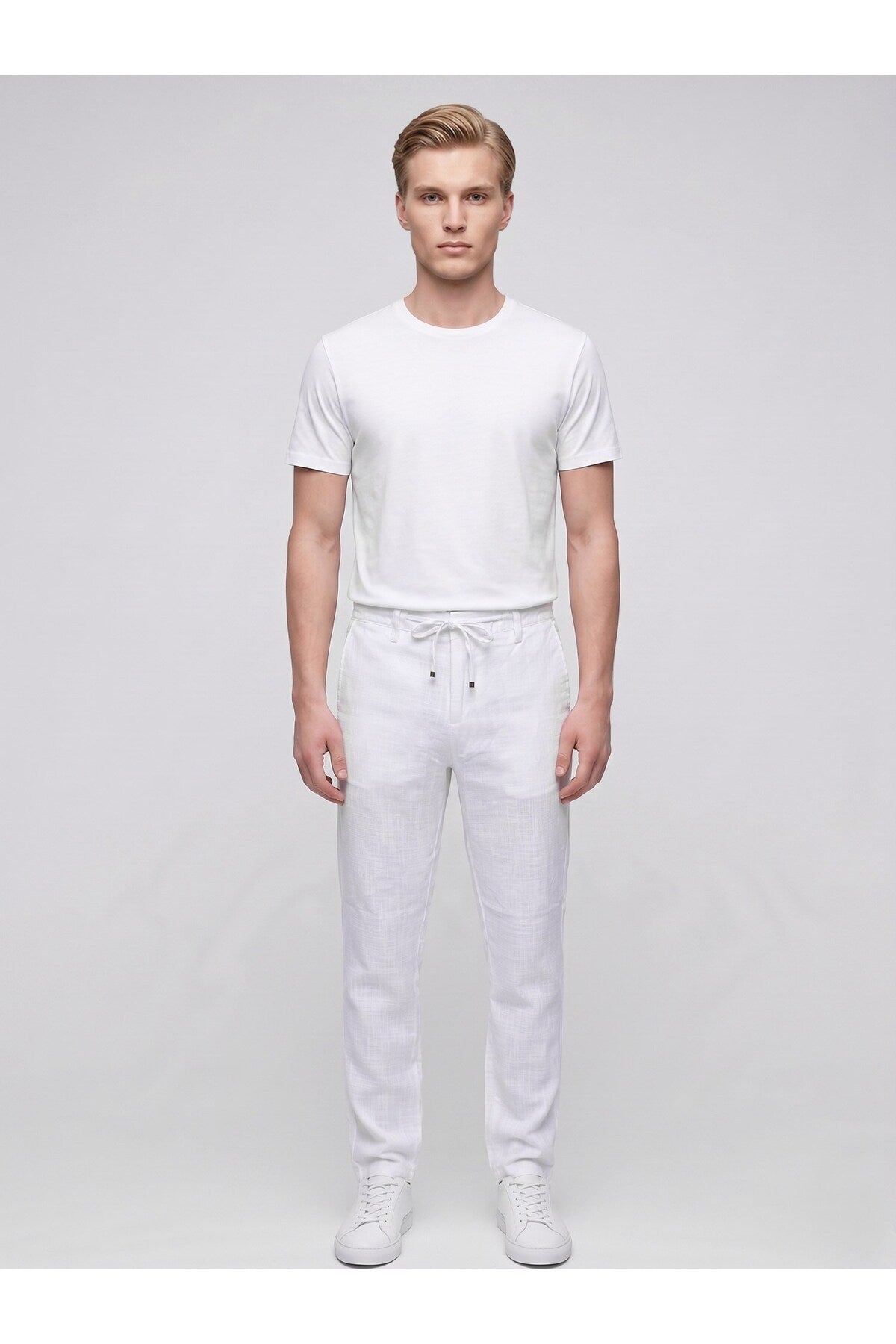 Erkek Keten Pantolon – Bağcıklı Bel, Slim Fit Rahat Kesim Yazlık Pantolon - Beyaz