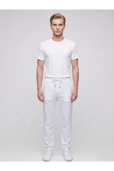 Erkek Keten Pantolon – Bağcıklı Bel, Slim Fit Rahat Kesim Yazlık Pantolon - Beyaz