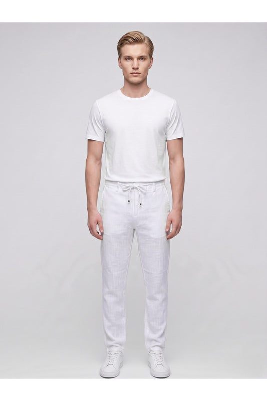 Erkek Keten Pantolon – Bağcıklı Bel, Slim Fit Rahat Kesim Yazlık Pantolon - Beyaz