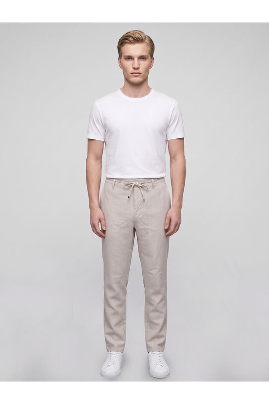 Erkek Yazlık Bağcıklı Kumaş Pantolon – Slim Fit Rahat Kesim Günlük Pantolon - Bej