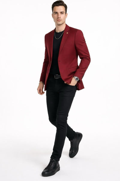 Erkek Mono Yaka Tek Düğmeli Çift Yırtmaçlı Blazer Ceket – Premium Dokuma Kumaş, 8 Renk - Kırmızı