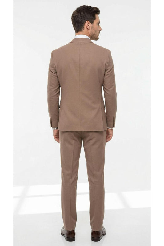 Erkek Slim Fit Mikro Desenli Takım Elbise 2 Düğmeli Çift Yırtmaçlı Modern Ceket Pantolon Takım - Turuncu