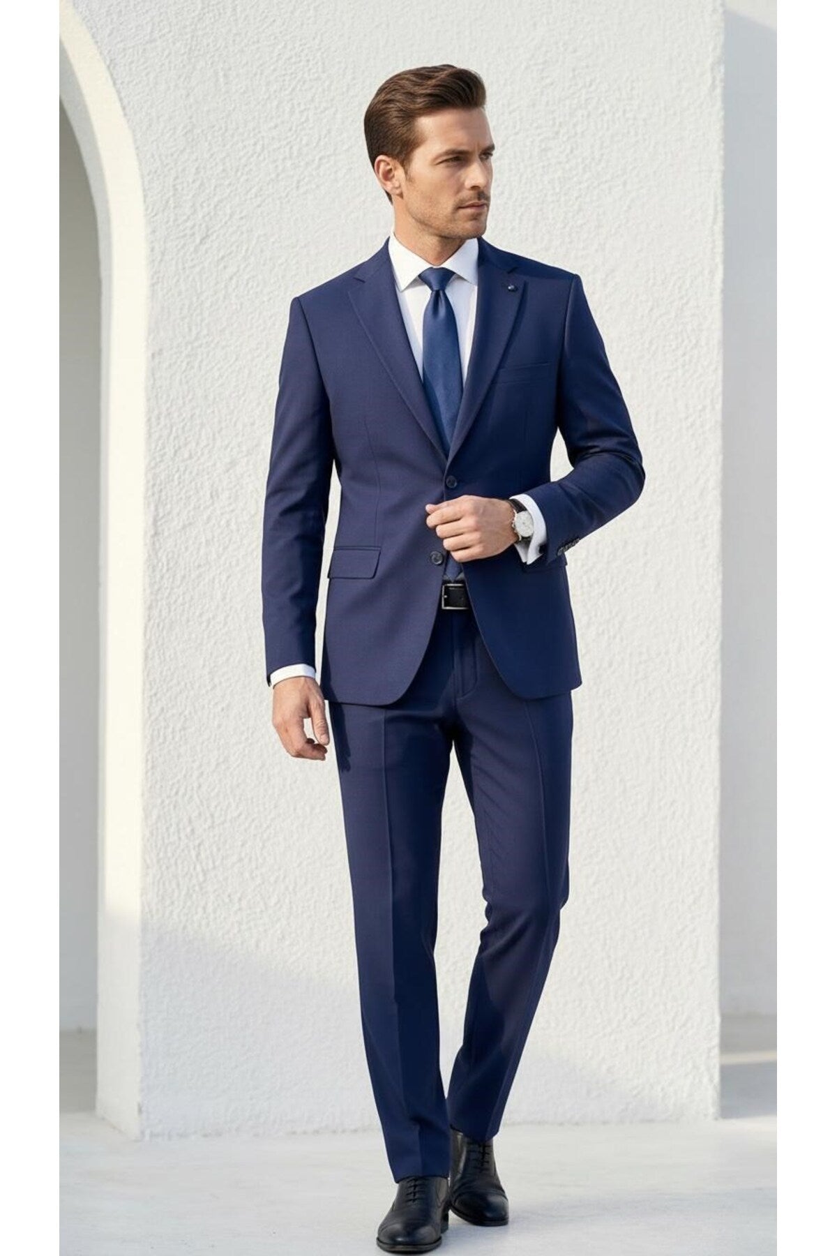 Erkek Klasik 2’li Takım Elbise 2 Düğmeli Slim Fit Esnek Kumaş Çift Yırtmaçlı 7 Drop - Lacivert