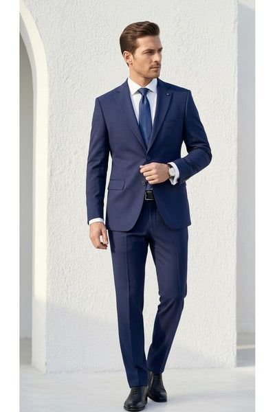 Erkek Klasik 2’li Takım Elbise 2 Düğmeli Slim Fit Esnek Kumaş Çift Yırtmaçlı 7 Drop - Lacivert