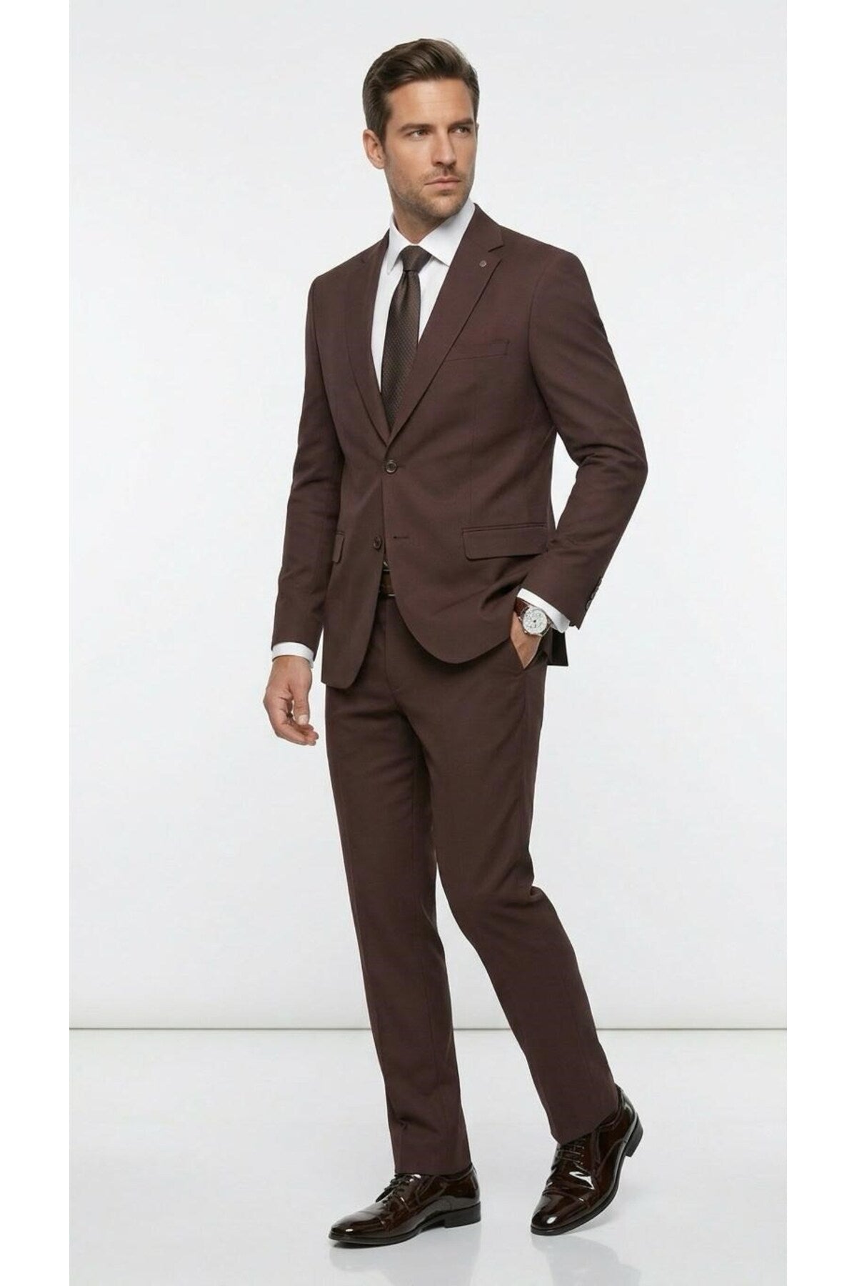 Erkek Klasik 2’li Takım Elbise 2 Düğmeli Slim Fit Esnek Kumaş Çift Yırtmaçlı 7 Drop - Kahverengi