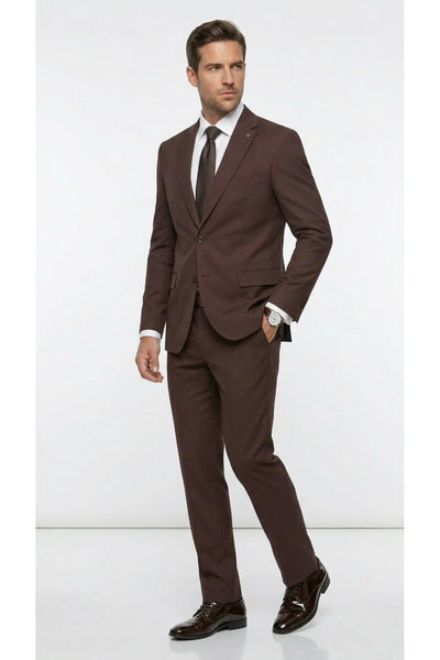 Erkek Klasik 2’li Takım Elbise 2 Düğmeli Slim Fit Esnek Kumaş Çift Yırtmaçlı 7 Drop - Kahverengi