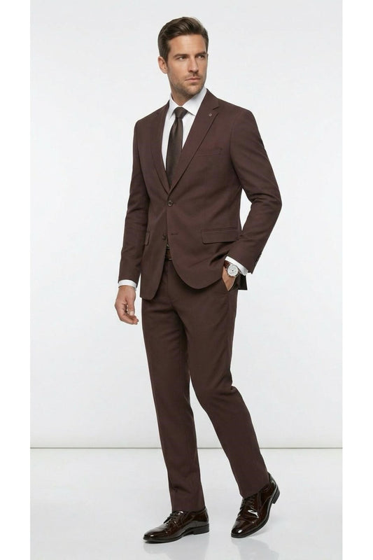 Erkek Klasik 2’li Takım Elbise 2 Düğmeli Slim Fit Esnek Kumaş Çift Yırtmaçlı 7 Drop - Kahverengi