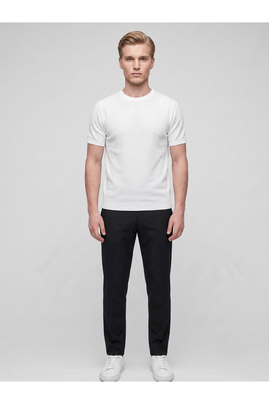 Erkek Bisiklet Yaka Kısa Kollu Triko Tişört – Slim Fit Modern Kesim Yazlık T-Shirt - Beyaz