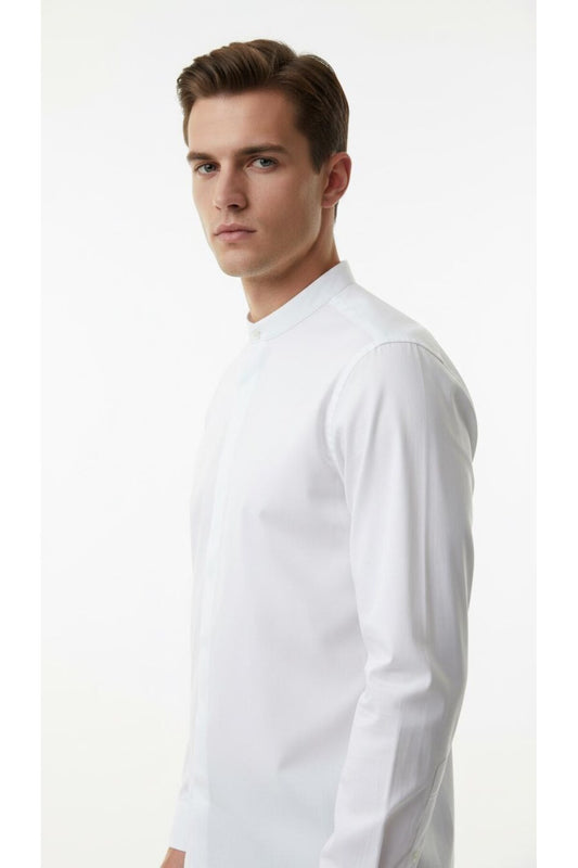 Erkek Hakim Yaka Slim Fit Gömlek – Şık, Modern, Uzun Kollu, Düz Model - Beyaz