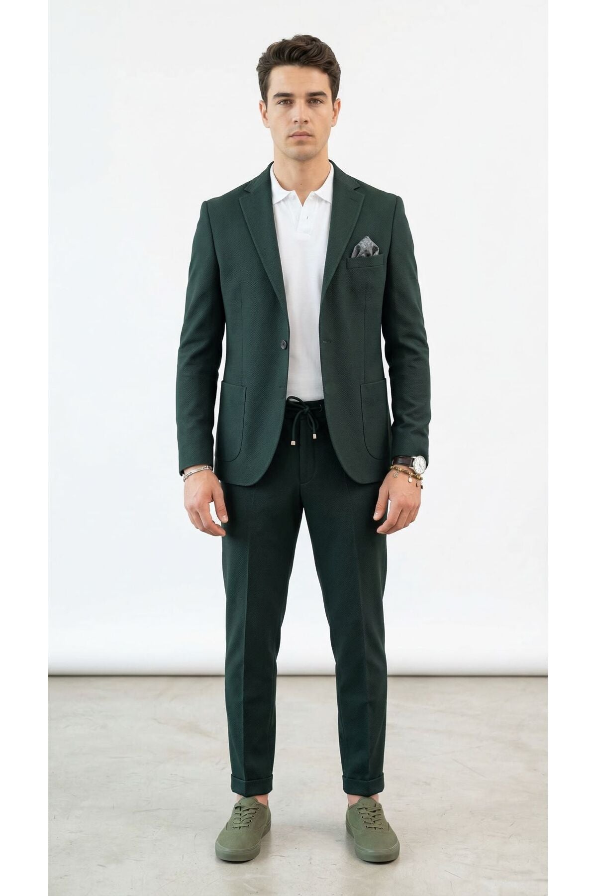 Pike Kumaş Jogger Pantolonlu Erkek Takım Elbise – Torba Cepli Tek Düğme Slim Fit Kombin - Yeşil