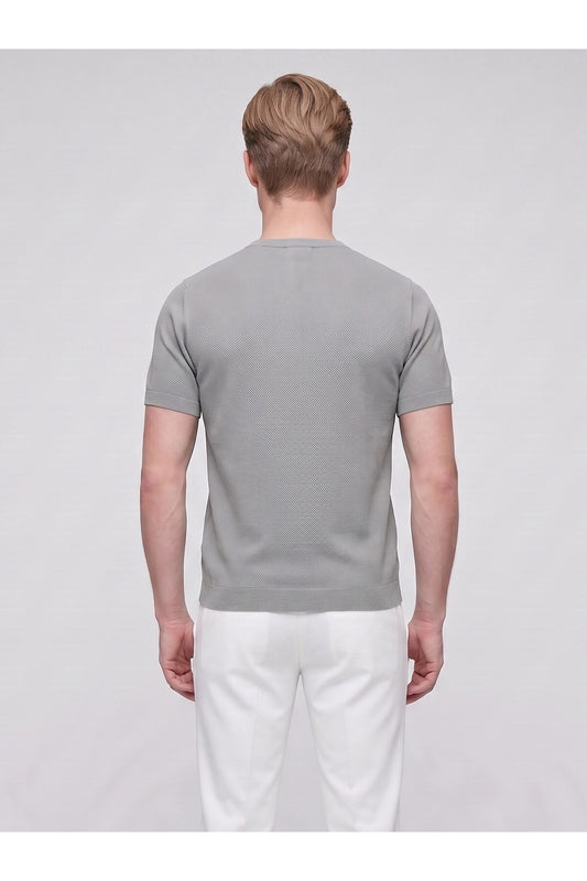 Erkek Bisiklet Yaka Kısa Kollu Triko Tişört – Slim Fit Modern Kesim Yazlık T-Shirt - Gri