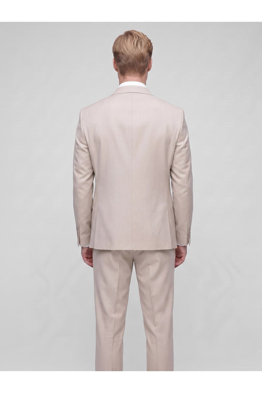 Erkek 3 Parça Slim Fit Çift Yırtmaçlı Takım Elbise Yelekli Şık Klasik Takım 6 Drop - Bej
