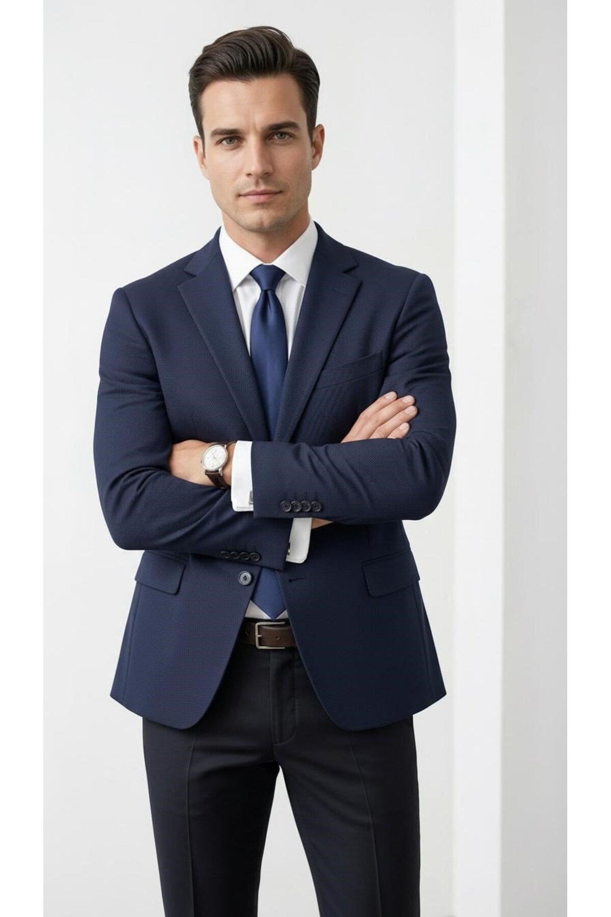 Slim Fit Mikro Desenli Erkek Ceket Yazlık Pike Kumaş Çift Yırtmaç Blazer - Lacivert