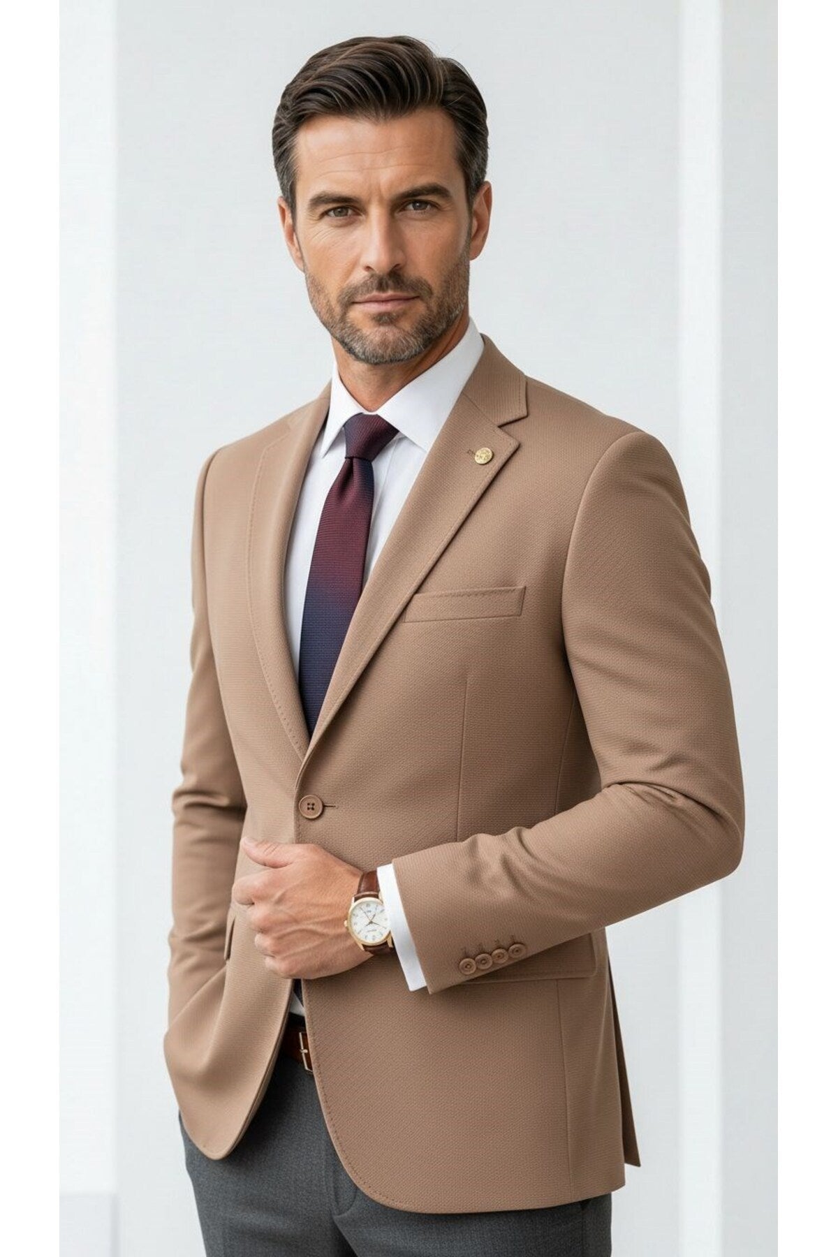 Erkek Slim Fit Çift Düğme Çift Yırtmaçlı Blazer Ceket – Premium Dokulu Kumaş - Turuncu