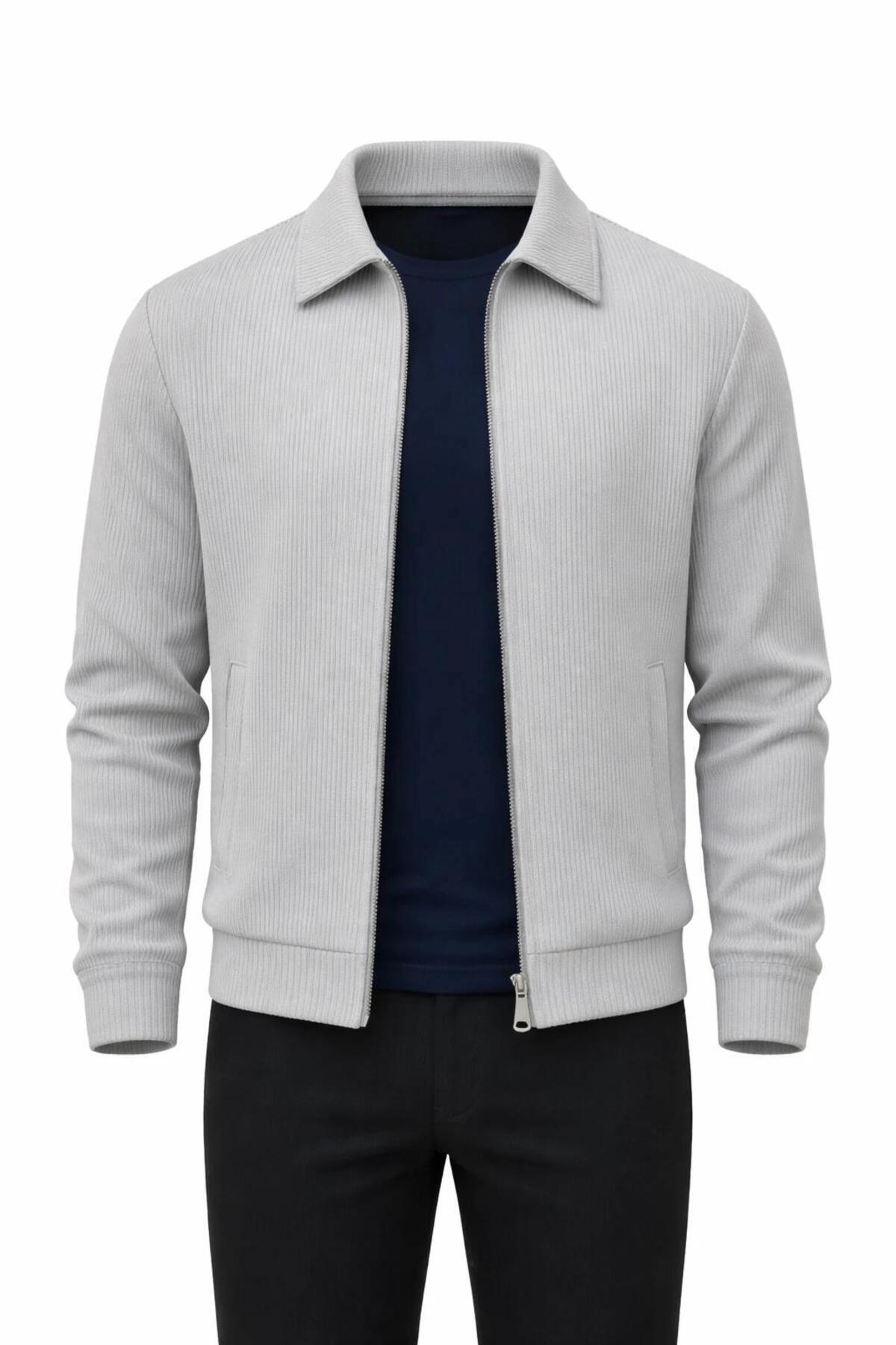Slim Fit Fitilli Dokulu Erkek Fermuarlı Mont Ceket Günlük Şık Kombin - Gri