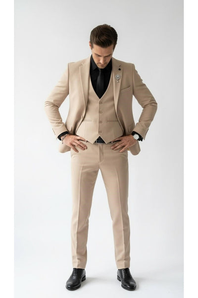 Erkek Klasik Slim Fit Armürlü Kumaş Tek Düğmeli Çift Yırtmaçlı Klasik Yaka Takım Elbise 7 Drop - Bej