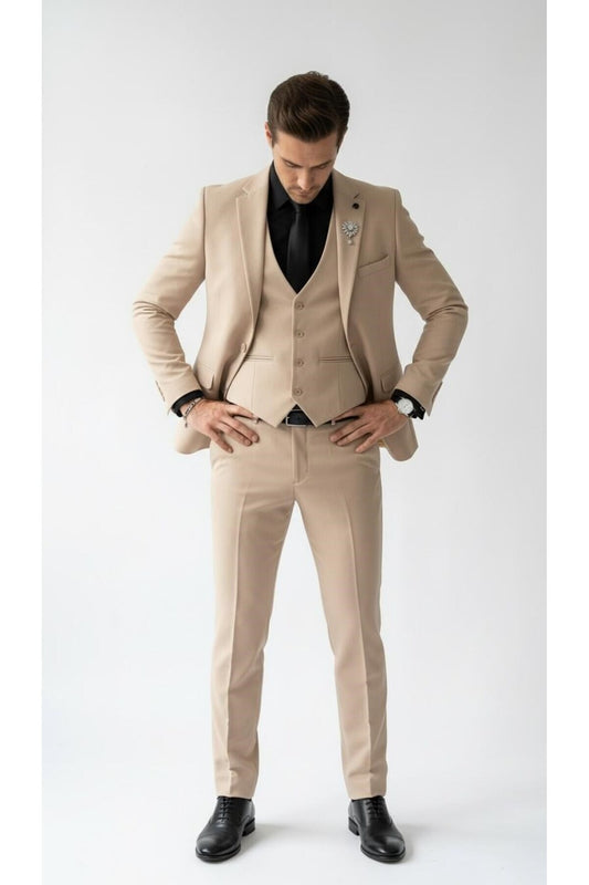 Erkek Klasik Slim Fit Armürlü Kumaş Tek Düğmeli Çift Yırtmaçlı Klasik Yaka Takım Elbise 7 Drop - Bej