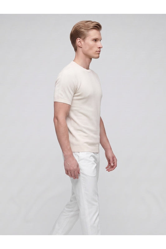 Erkek Bisiklet Yaka Kısa Kollu Triko Tişört – Slim Fit Modern Kesim Yazlık T-Shirt - Bej