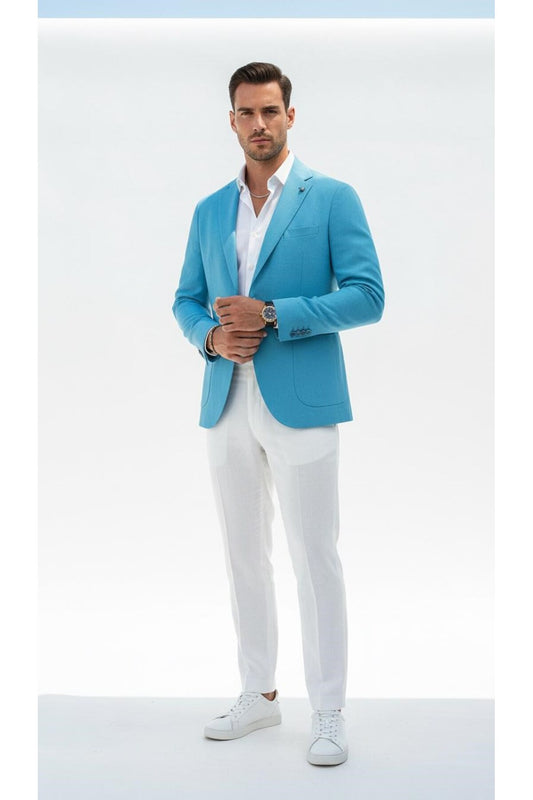 Erkek Slim Fit Blazer Ceket Tek Düğmeli Çift Yırtmaçlı Torba Cepli Yarım Astarlı - Turkuaz