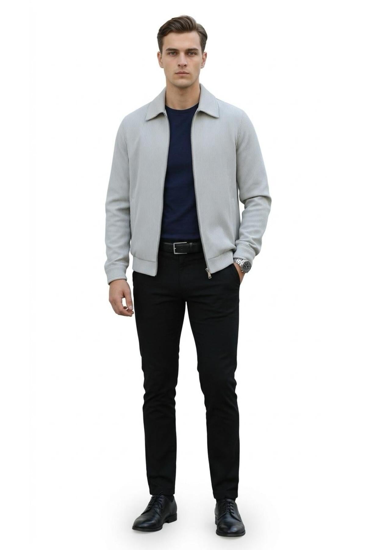 Slim Fit Fitilli Dokulu Erkek Fermuarlı Mont Ceket Günlük Şık Kombin - Gri