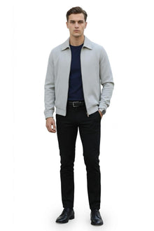 Slim Fit Fitilli Dokulu Erkek Fermuarlı Mont Ceket Günlük Şık Kombin - Gri