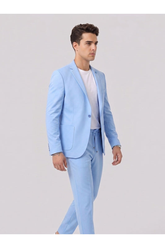 Pike Kumaş Jogger Pantolonlu Erkek Takım Elbise – Torba Cepli Tek Düğme Slim Fit Kombin - Mavi