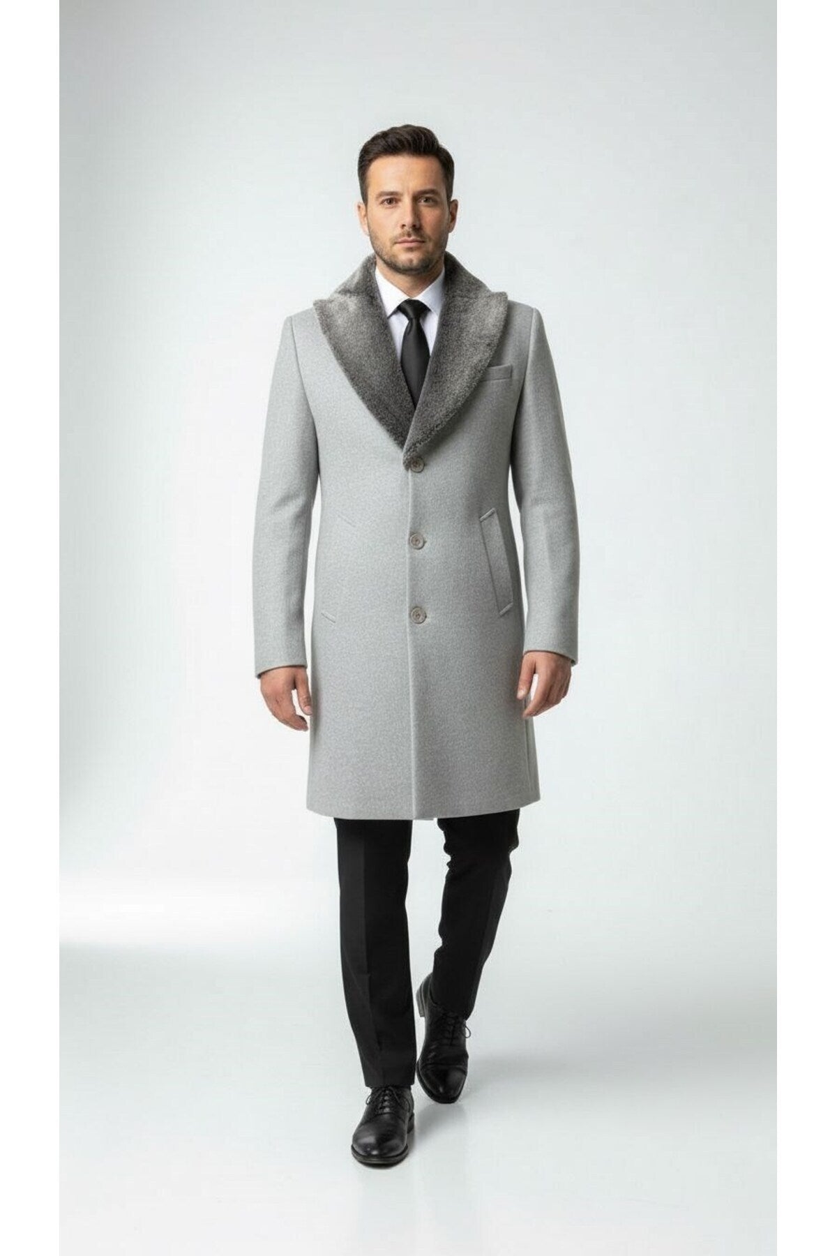 Erkek Uzun Kaşe Kaban – Çıkartılabilir Kürk Yaka, Astarlı ve Cepli Slim Fit Mont (Bej, - Gri