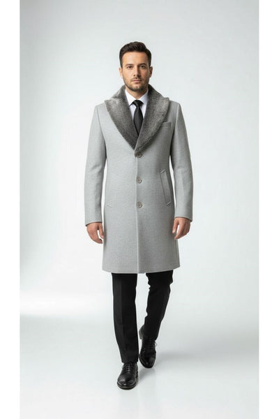 Erkek Uzun Kaşe Kaban – Çıkartılabilir Kürk Yaka, Astarlı ve Cepli Slim Fit Mont (Bej, - Gri