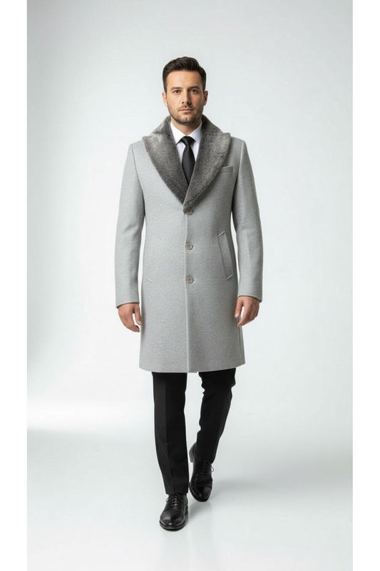 Erkek Uzun Kaşe Kaban – Çıkartılabilir Kürk Yaka, Astarlı ve Cepli Slim Fit Mont (Bej, - Gri