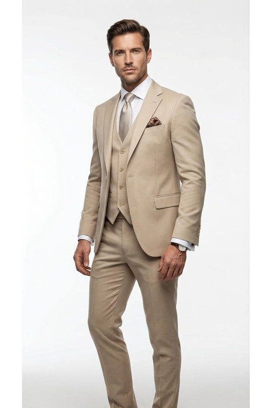 Erkek 3 Parça Slim Fit Takım Elbise –Klasik Likralı Kumaş, Tek Düğme, Çift Yırtmaçlı Modern Kesim ( - Bej