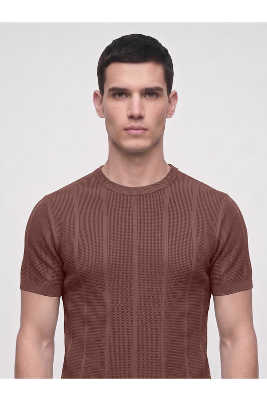 Erkek Bisiklet Yaka Kısa Kollu Triko Tişört – Dokulu Örgü Modern Kesim Yazlık T-Shirt - Kahverengi