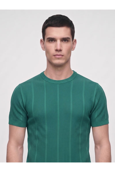 Erkek Bisiklet Yaka Kısa Kollu Triko Tişört – Dokulu Örgü Modern Kesim Yazlık T-Shirt - Yeşil