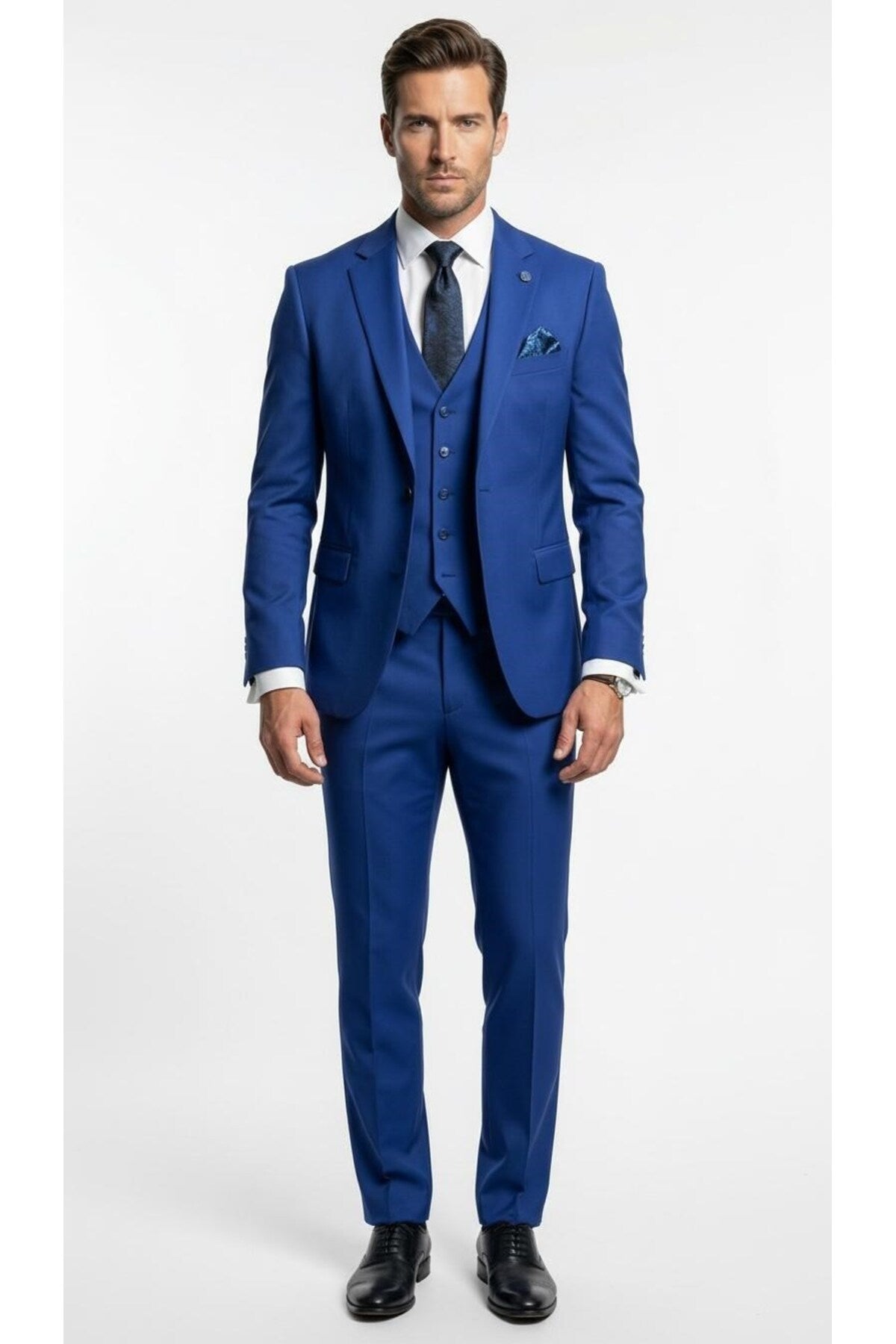 Erkek 3 Parça Slim Fit Takım Elbise –Klasik Likralı Kumaş, Tek Düğme, Çift Yırtmaçlı Modern Kesim ( - Mavi