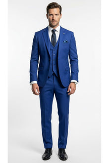 Erkek 3 Parça Slim Fit Takım Elbise –Klasik Likralı Kumaş, Tek Düğme, Çift Yırtmaçlı Modern Kesim ( - Mavi