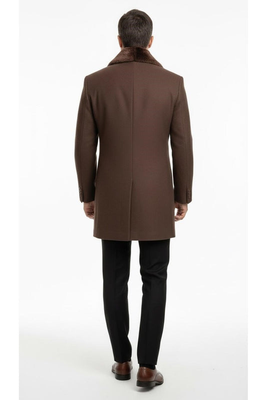 Erkek Uzun Kaşe Kaban Palto Mont– Çıkartılabilir Kürk Yaka, Astarlı ve Cepli Slim Fit - Kahverengi