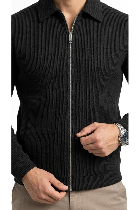 Slim Fit Fitilli Dokulu Erkek Fermuarlı Mont Ceket Günlük Şık Kombin - Siyah