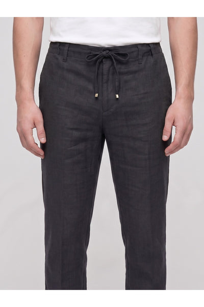 Erkek Keten Pantolon – Bağcıklı Bel, Slim Fit Rahat Kesim Yazlık Pantolon - Siyah