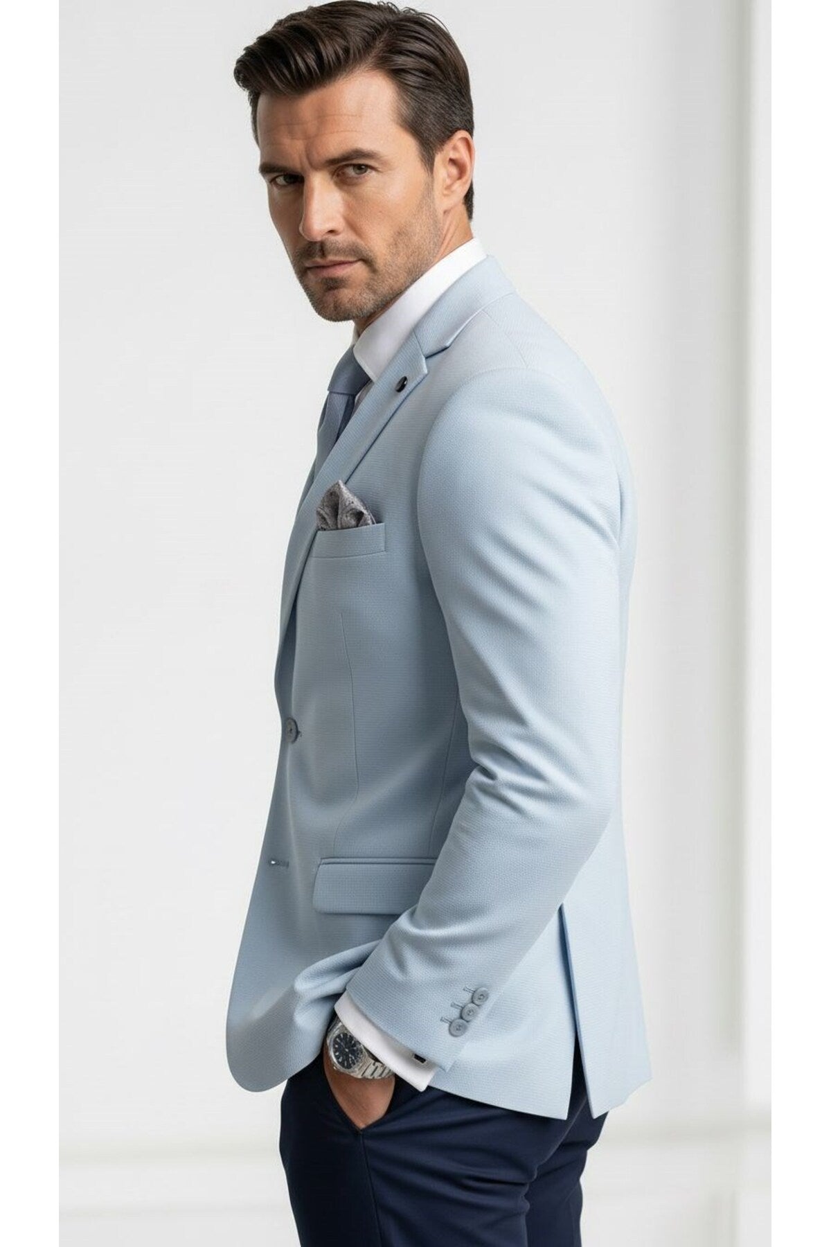 Erkek Slim Fit Çift Düğme Çift Yırtmaçlı Blazer Ceket – Premium Dokulu Kumaş - Mavi
