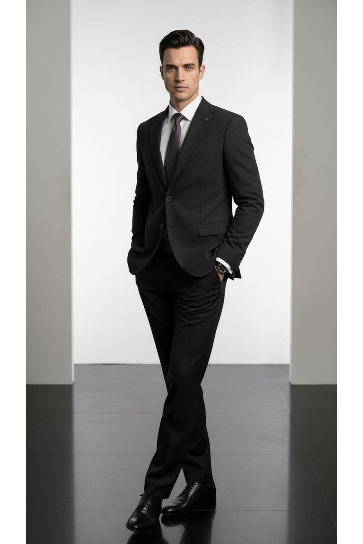 Slim Fit Mikro Desenli Erkek Ceket Yazlık Pike Kumaş Çift Yırtmaç Blazer - Siyah