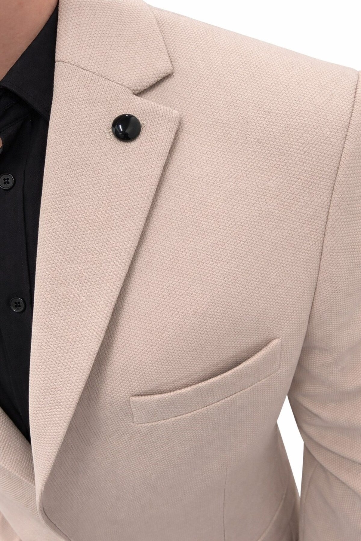 Erkek Klasik Slim Fit Armürlü Kumaş Tek Düğmeli Çift Yırtmaçlı Klasik Yaka Takım Elbise 7 Drop - Bej