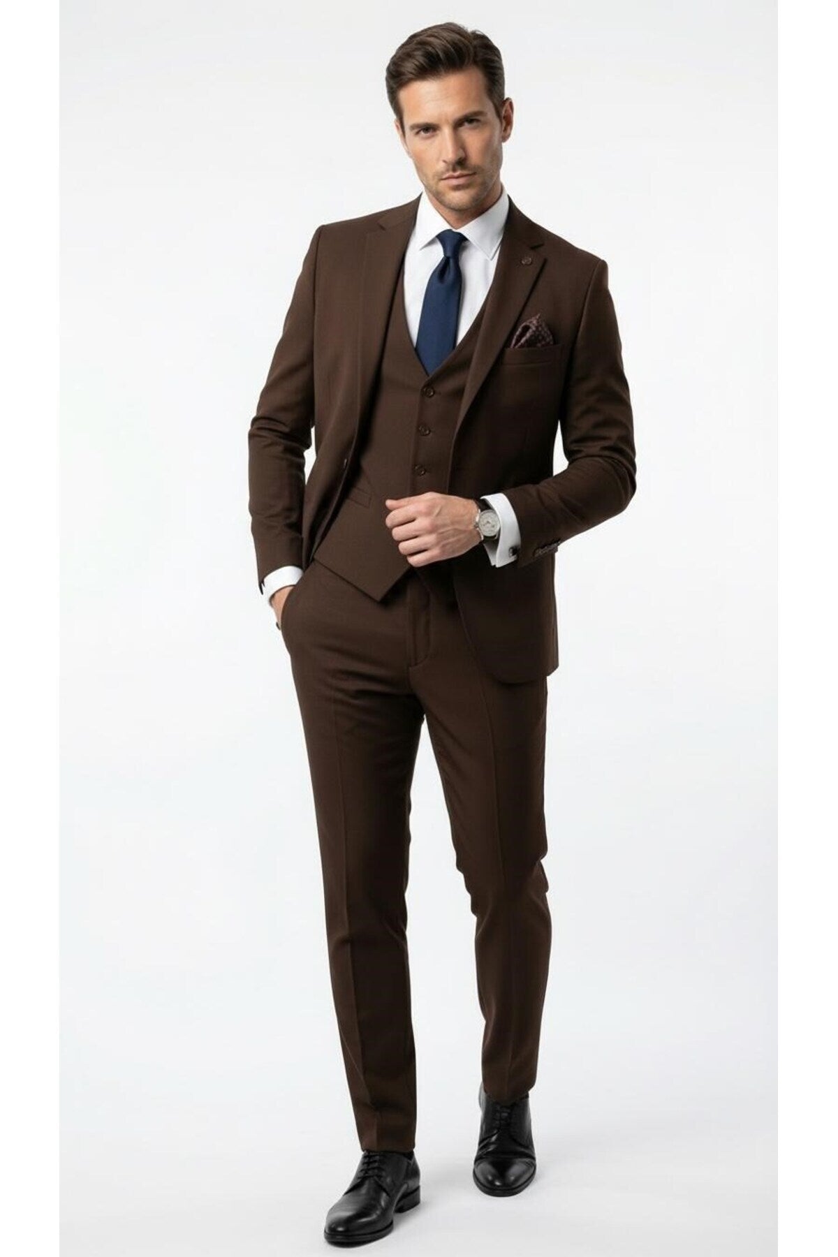Erkek 3 Parça Slim Fit Takım Elbise –Klasik Likralı Kumaş, Tek Düğme, Çift Yırtmaçlı Modern Kesim ( - Kahverengi