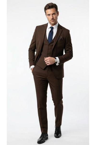 Erkek 3 Parça Slim Fit Takım Elbise –Klasik Likralı Kumaş, Tek Düğme, Çift Yırtmaçlı Modern Kesim ( - Kahverengi