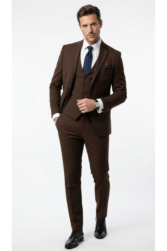 Erkek 3 Parça Slim Fit Takım Elbise –Klasik Likralı Kumaş, Tek Düğme, Çift Yırtmaçlı Modern Kesim ( - Kahverengi