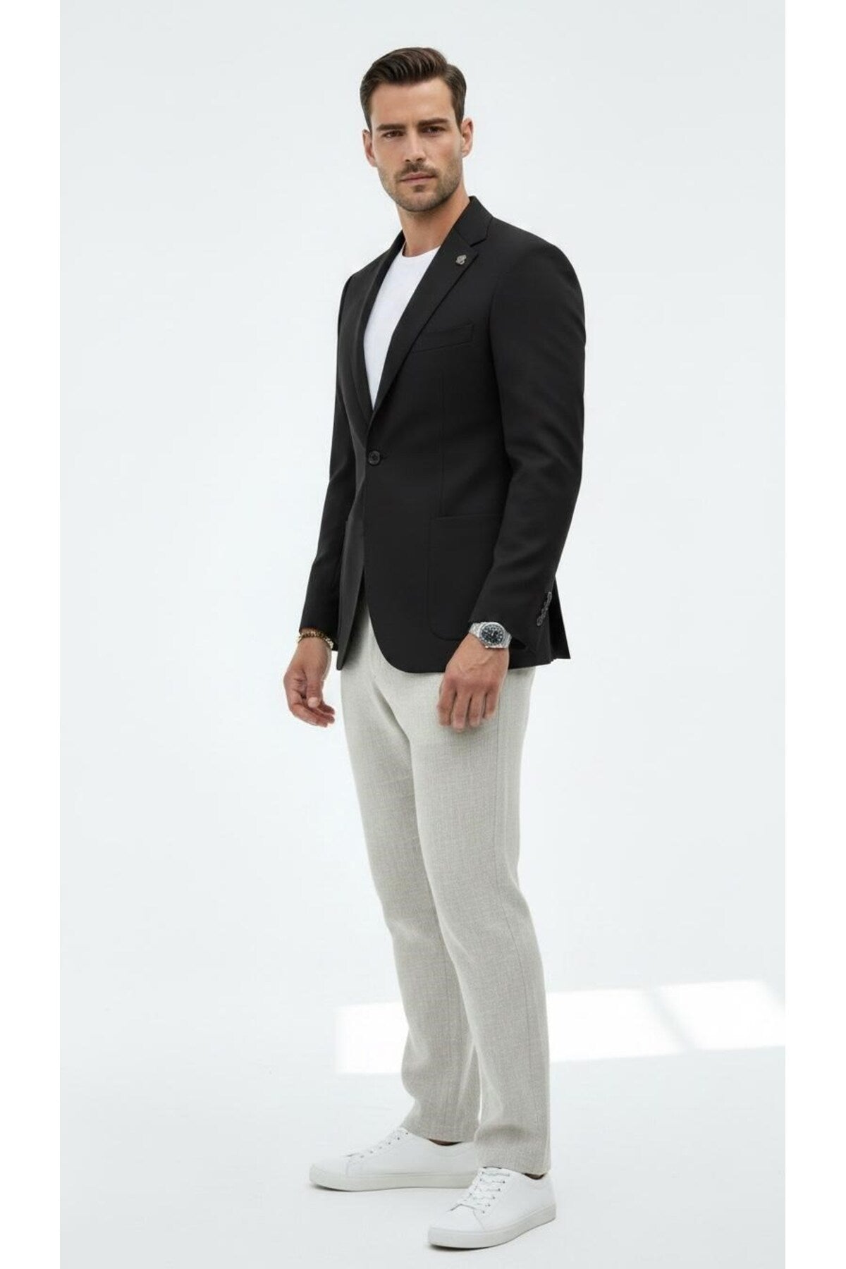 Erkek Slim Fit Blazer Ceket Tek Düğmeli Çift Yırtmaçlı Torba Cepli Yarım Astarlı - Siyah