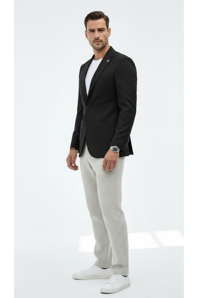 Erkek Slim Fit Blazer Ceket Tek Düğmeli Çift Yırtmaçlı Torba Cepli Yarım Astarlı - Siyah