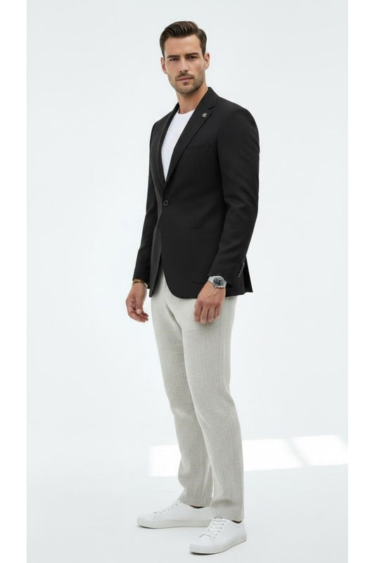 Erkek Slim Fit Blazer Ceket Tek Düğmeli Çift Yırtmaçlı Torba Cepli Yarım Astarlı - Siyah