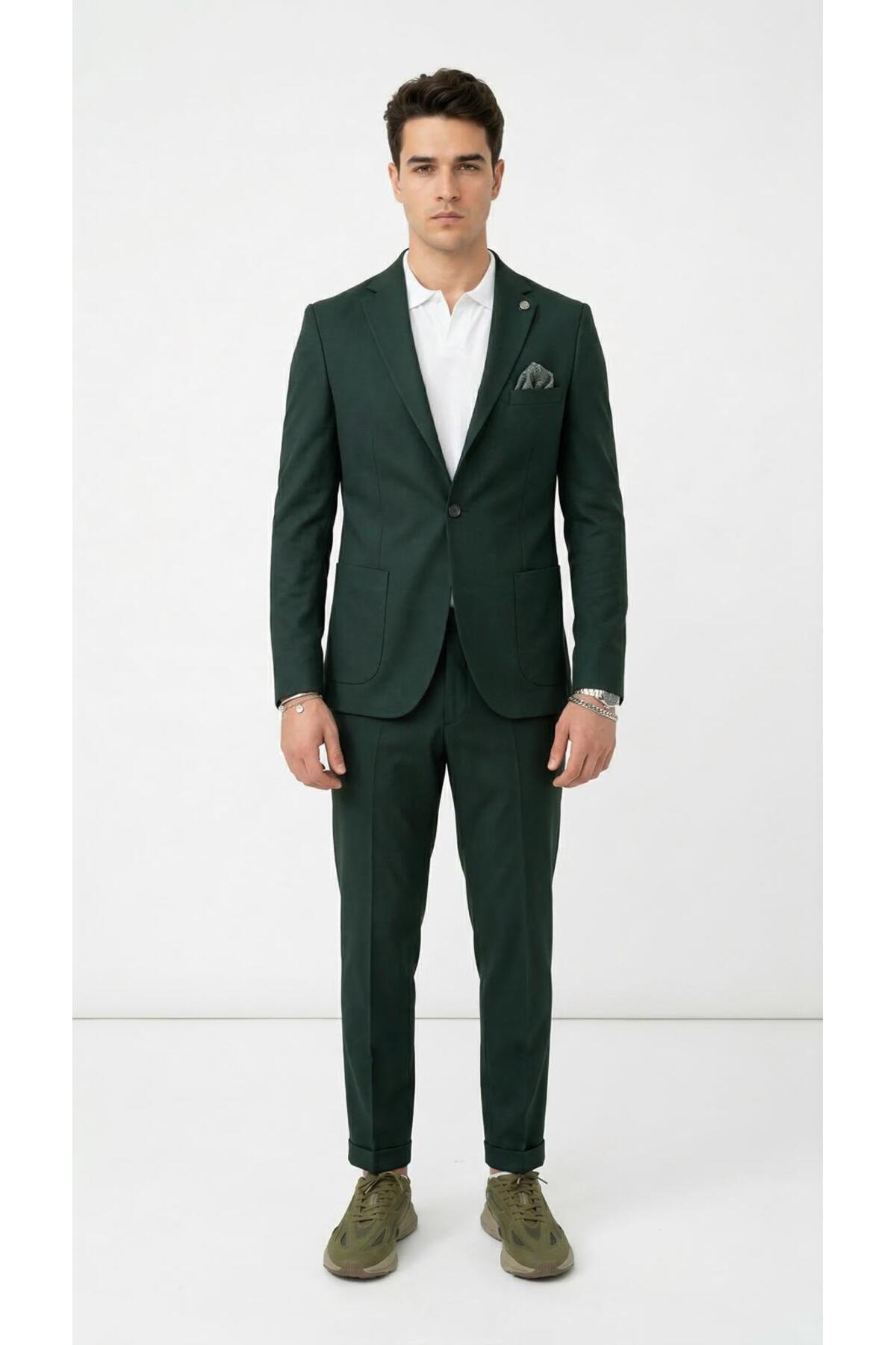 Pike Kumaş Jogger Pantolonlu Erkek Takım Elbise – Torba Cepli Tek Düğme Slim Fit Kombin - Yeşil